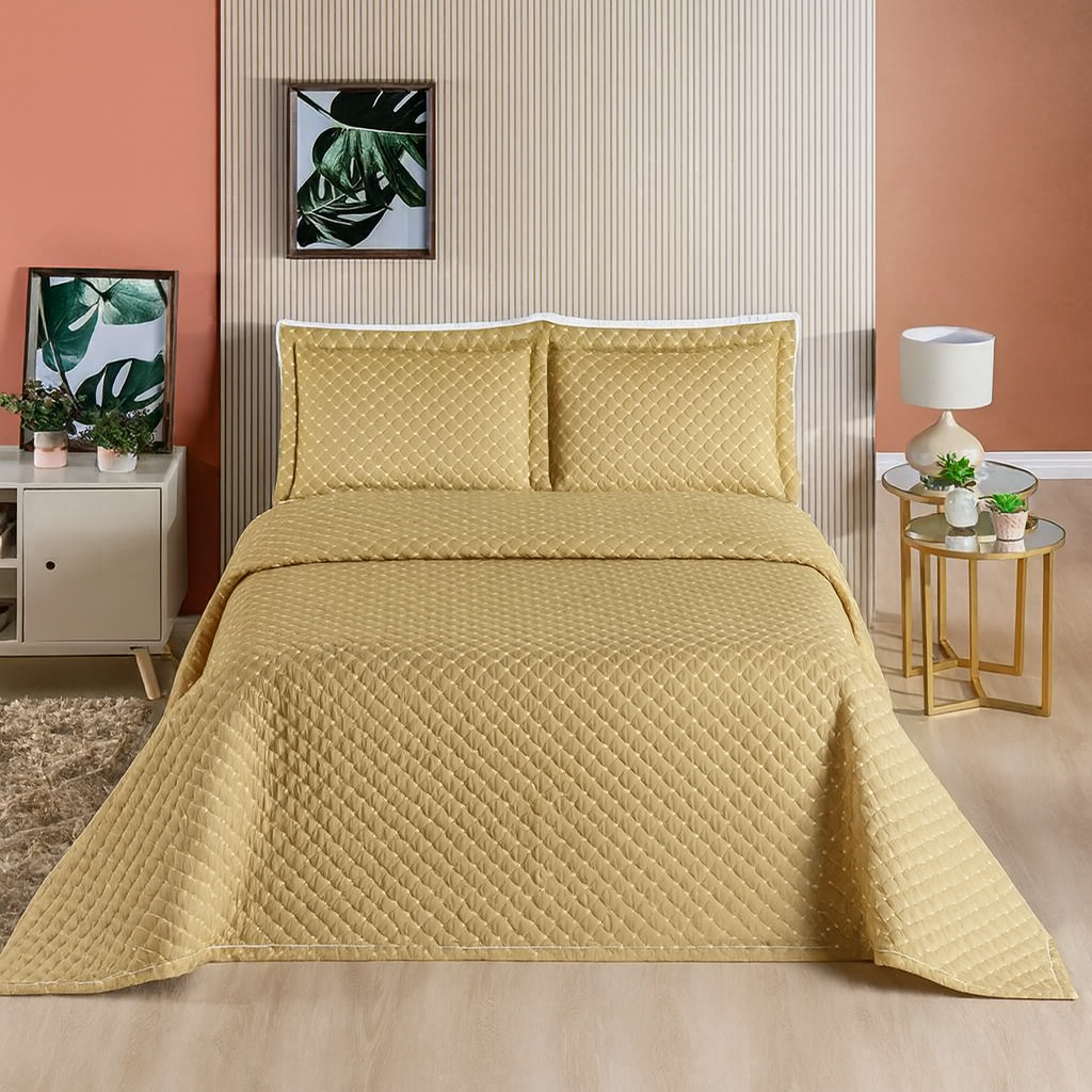 Cobre-Leito Ravena 3 Peças – Bordado Elegante & Toque Macio em Algodão