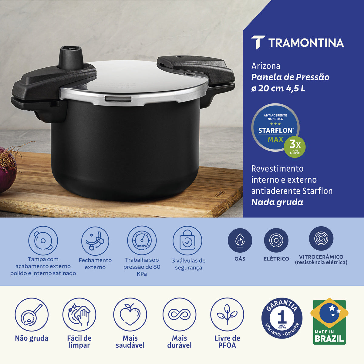 Panela de Pressão Arizona em Alumínio com Revestimento Interno e Externo em Antiaderente Starflon Max Vermelho 20 cm 4,5 L